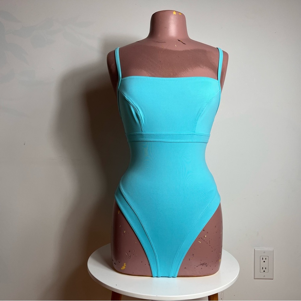 Vintage Turquoise Square Neck One-Piece Swimsuit